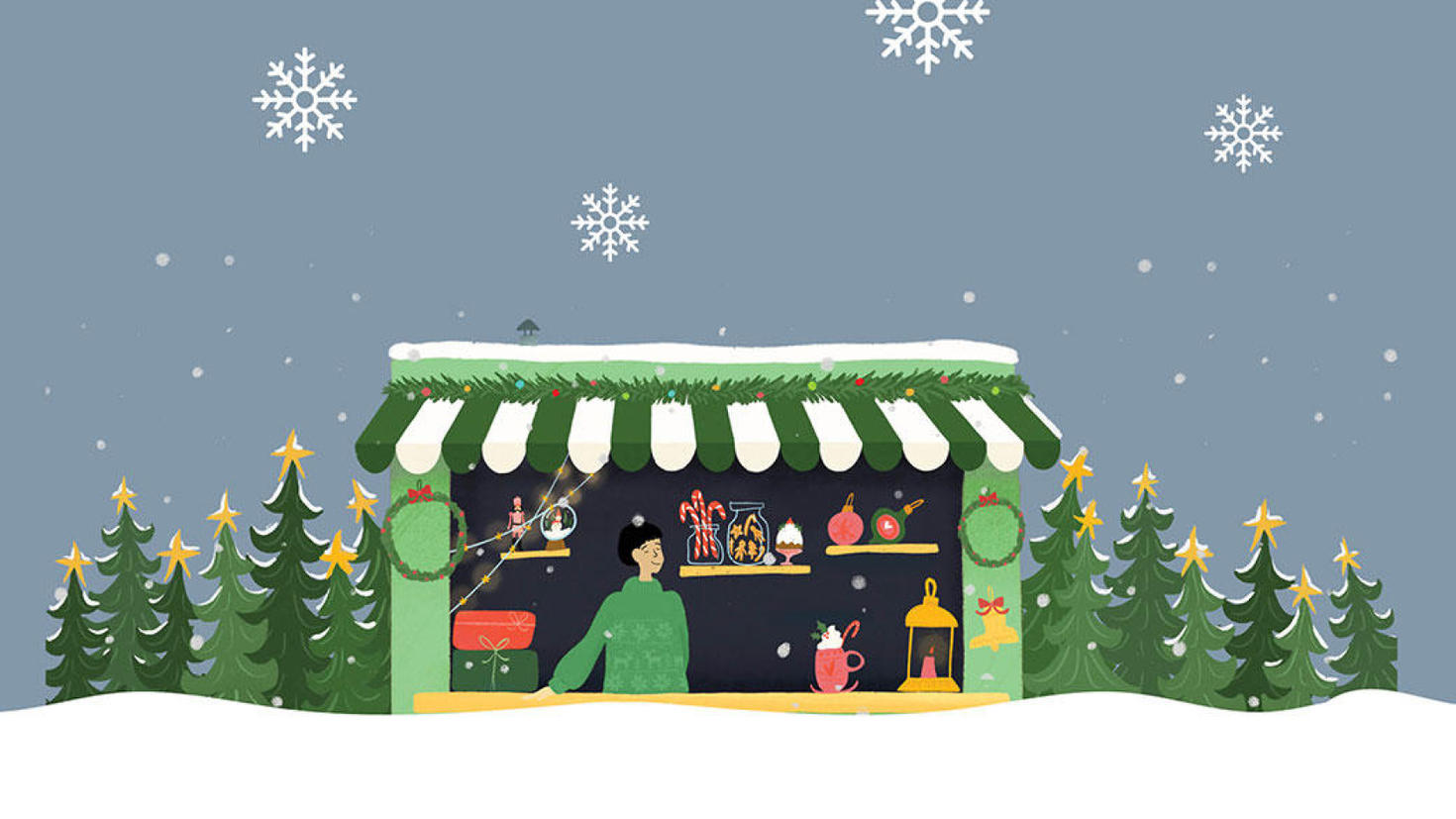 Illustration of holiday market booth.