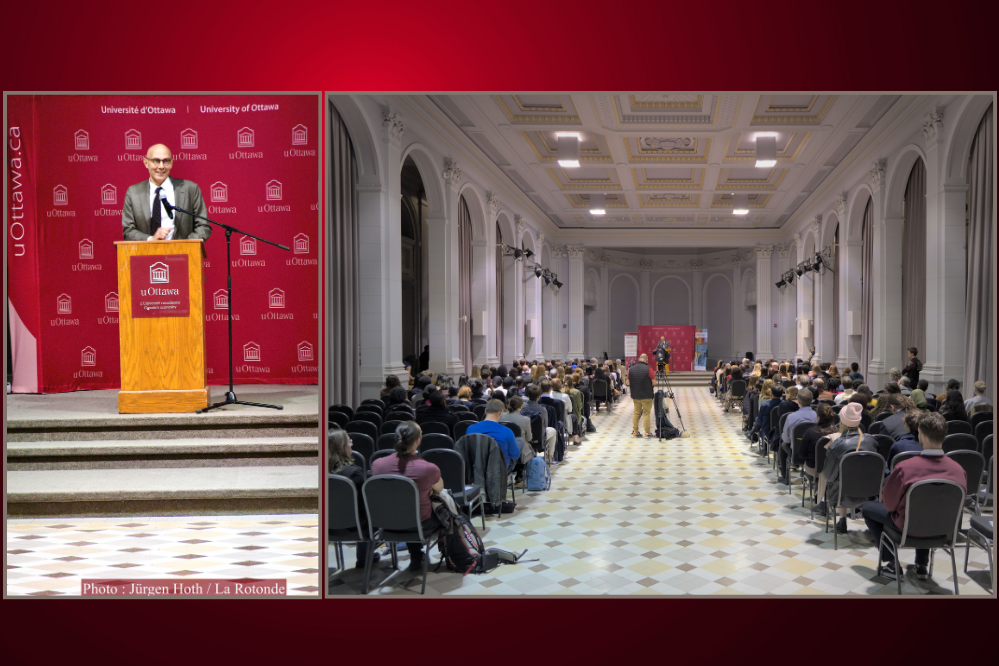 two images side by side. The first is a close view of a man standing at a podium. The next shows a large room, with many people seated on chairs, facing a man at a podium in the distance