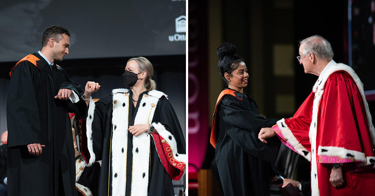 collage of graduates bumping elbows with president and Jaclyn Nyman