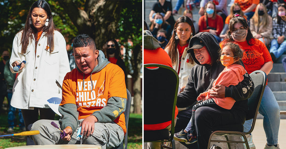 Jonathan Mathews, left, and Jericho Mac with his daughter, right, sing and drum