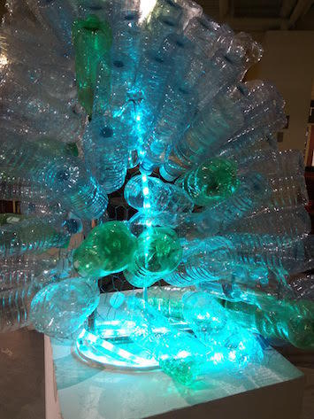 A close-up of recycled water bottles used in the sculpture.