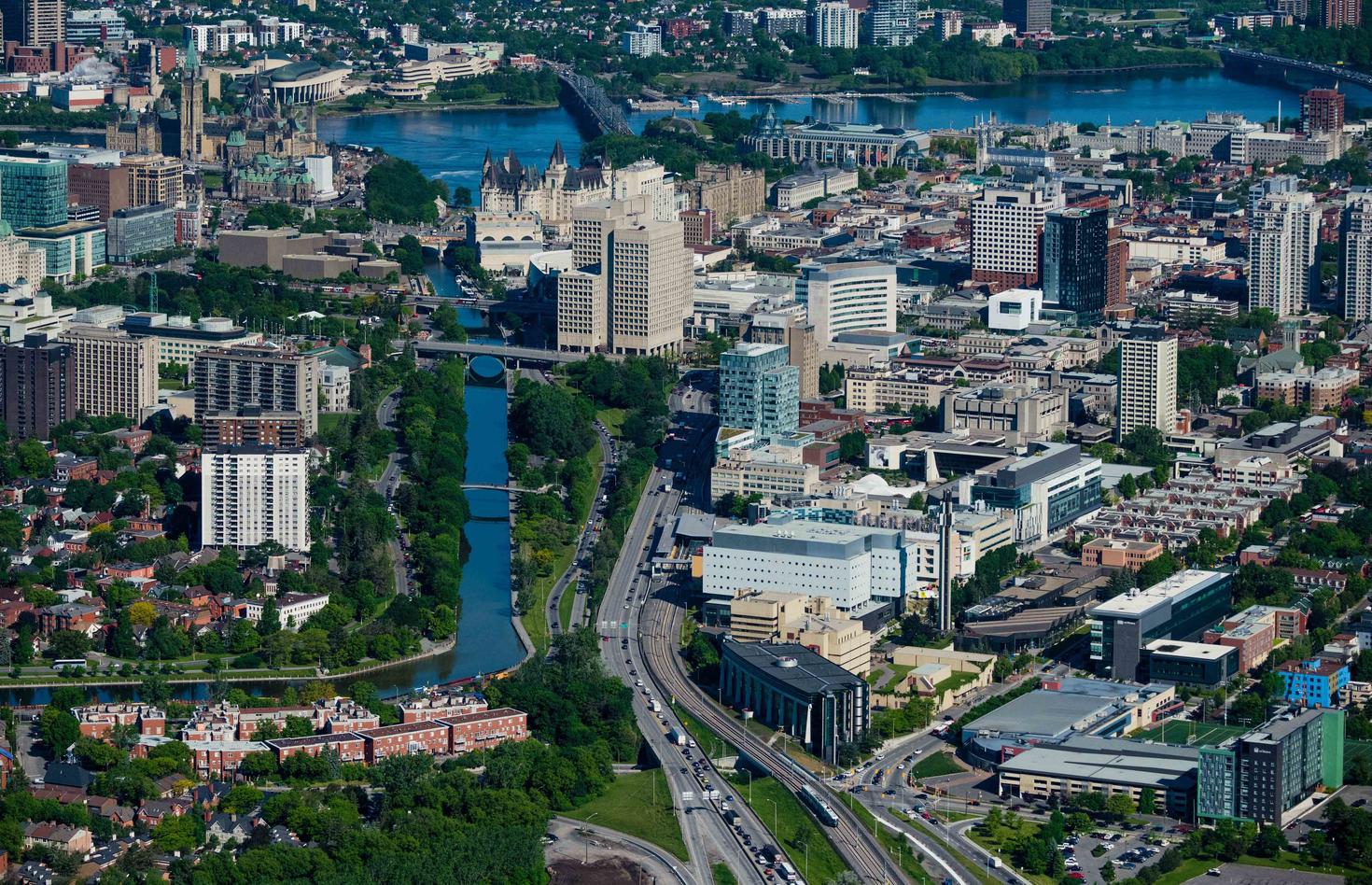 Aerial view of the University of Ottawa and downtown Ottawa
