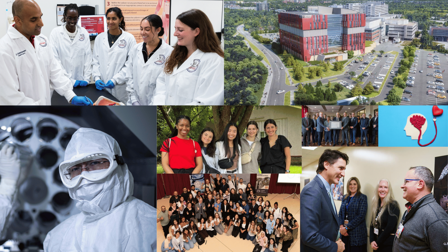 A collage of 8 photos highlighting the University of Ottawa Faculty of Medicine for 2023 including students in the anatomy lab, a rendering of the new research building being planned, someone in protective gear in a biomanufacturing lab, students outside, a group shot of the first pharmD cohort, the prime minister touring the simulation lab, the health humanities charter signing and a brain-heart illustration.