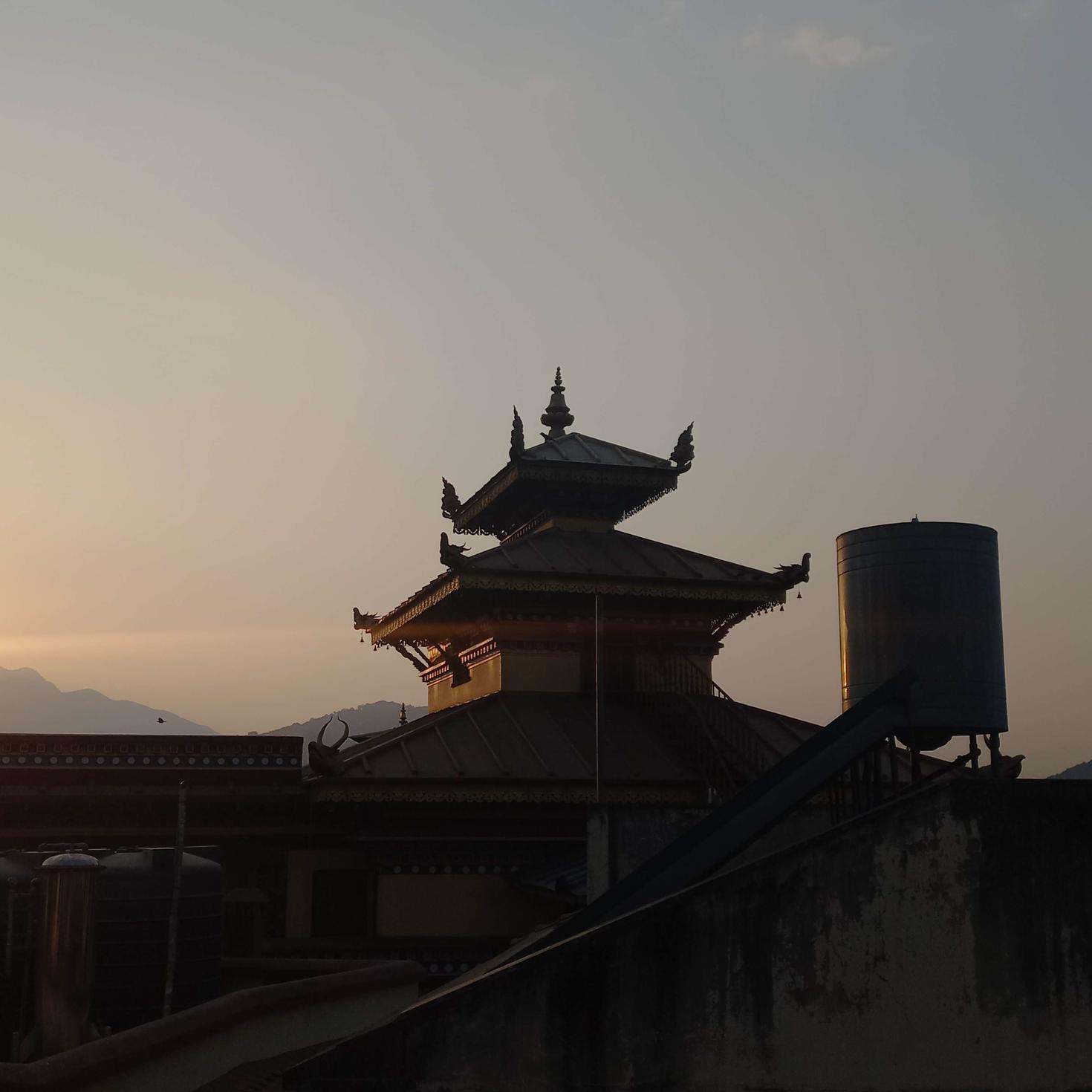 Top of a building seen from another house's backyard with the sky in the background