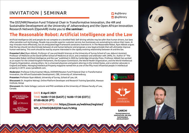Promotional poster for the seminar: The Reasonable Robot: Artificial Intelligence and the Law