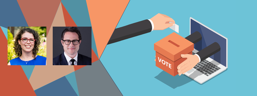 Profile photos of Elizabeth Dubois and Taylor Owen against a background depicting online voting.