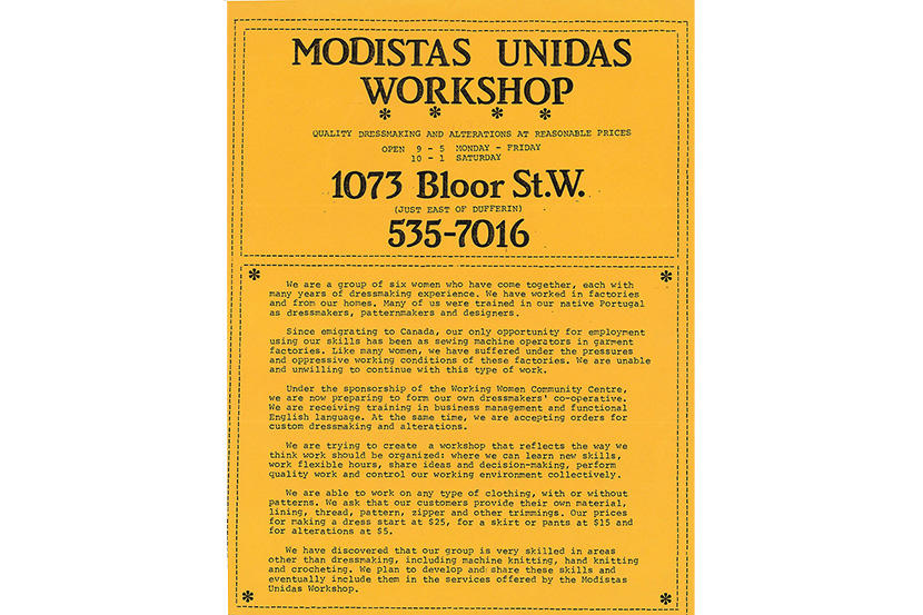 Modistas Unidas notice, from the Working Women Community Centre fonds at ARCS