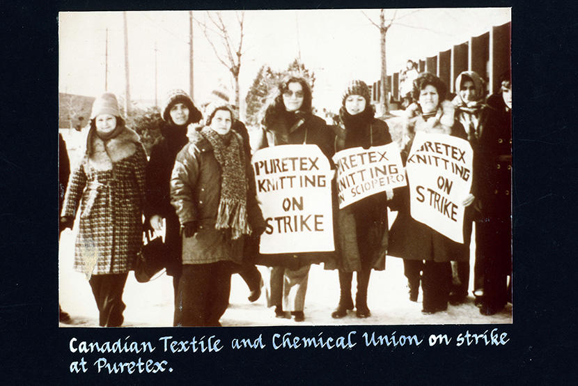 Striking workers of the Canadian Textile and Chemical Union at Puretex Knitting Co. Many of the striking workers were newcomer women workers