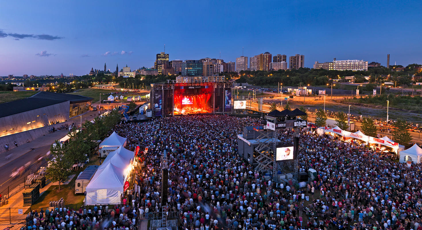 Aerial view of a big crowd at Bluesfest.