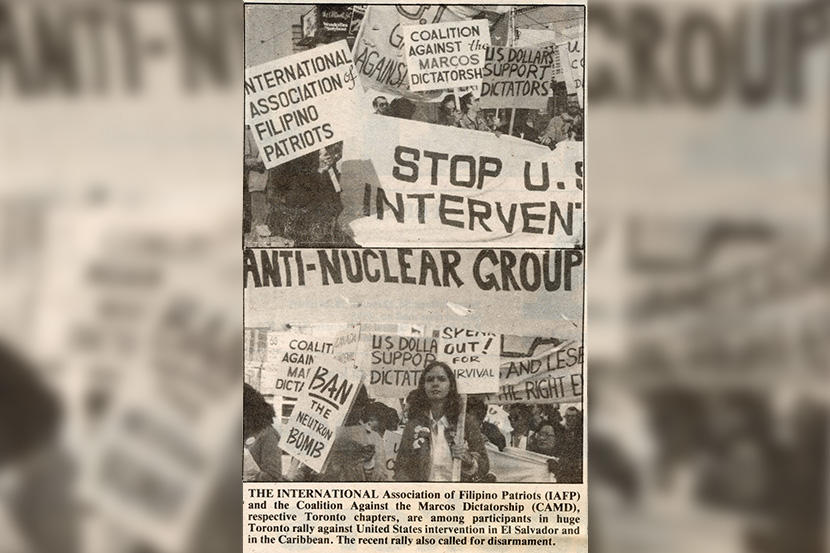 Photographs of anti-Marcos activists attending disarmament and non-intervention rally in Toronto. Originally published in Balita (November 1981) 