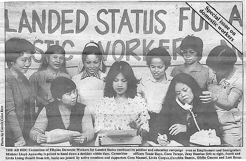 Connie Kelso Kerr, photographer. Members of the Ad Hoc Committee of Filipino Domestic Workers for Landed Status. Committee officers Tessie Rayo, Coco Tarape-Diaz, Zeny Dumlao (left to right, front) and Linda Lising (fourth from left, back) are joined by members and supporters Cora Manuel, Linda Corpuz, Conchita Ramos, Ofelia Gascon, and Loria Rosas. Originally published in Balita (November 1981) 