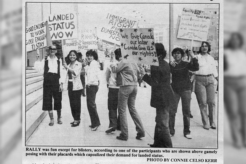 Connie Kelso Kerr, photographer. Members of the Ad Hoc Committee of Filipino Domestic Workers for Landed Status demonstrating outside the immigration office at 480 University Avenue in Toronto