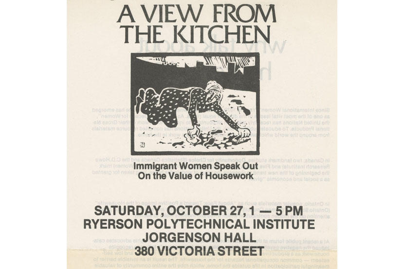 Flyer for the forum “A View from the Kitchen: Immigrant Women Speak Out on the Value of Housework”