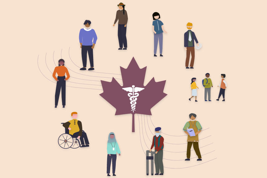 Graphic representations of patients with various medical needs arranged in a circle around a maple leaf