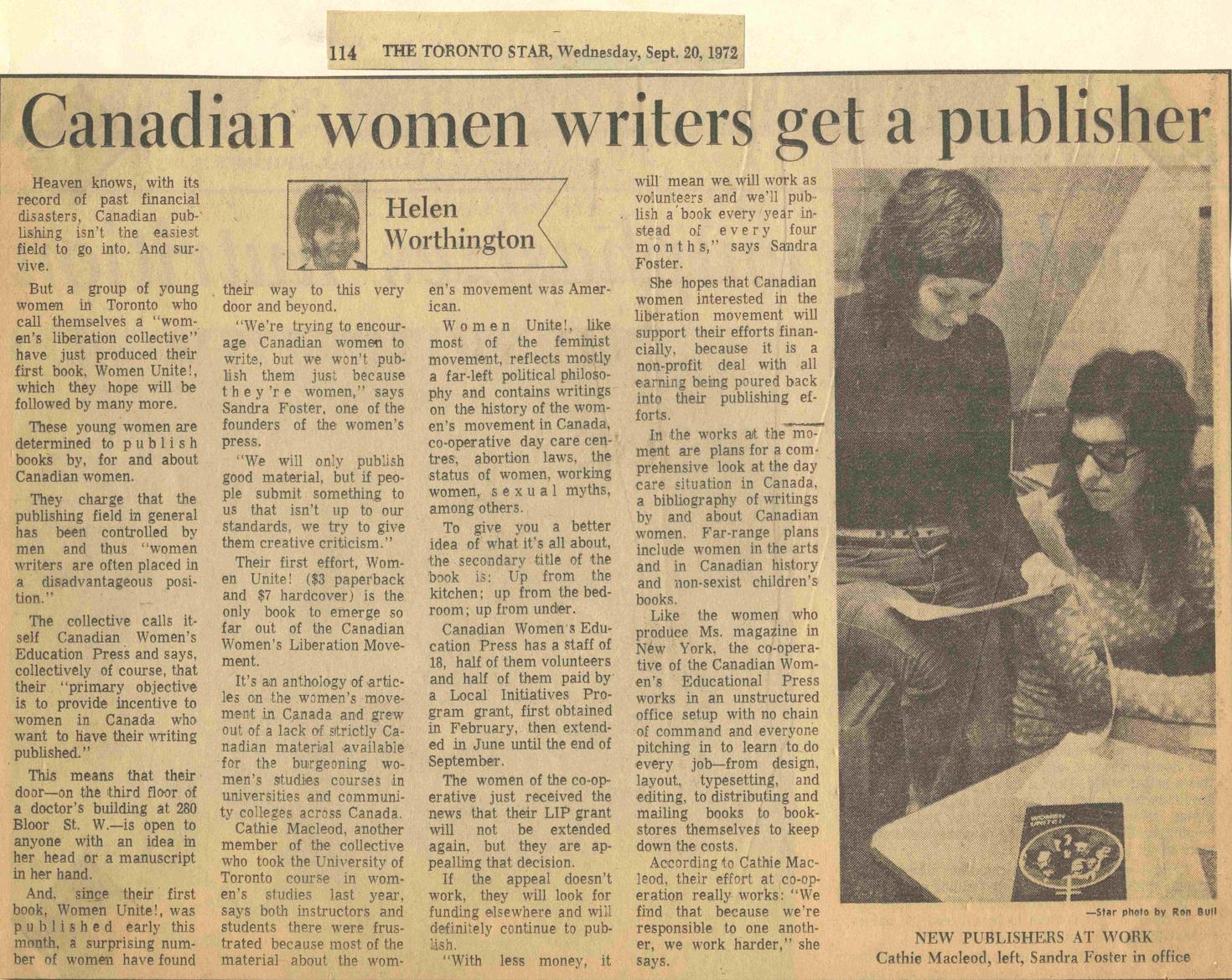 « Canadian women writers get a publisher », Toronto Star, September 20th, 1972. Scrapbook. - The Women’s Press Fonds. 10-012-S8-F28 