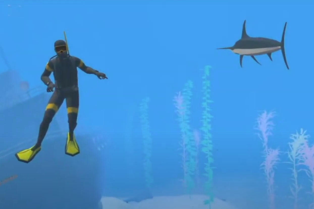 A scuba diver swimming in the ocean with a shark.