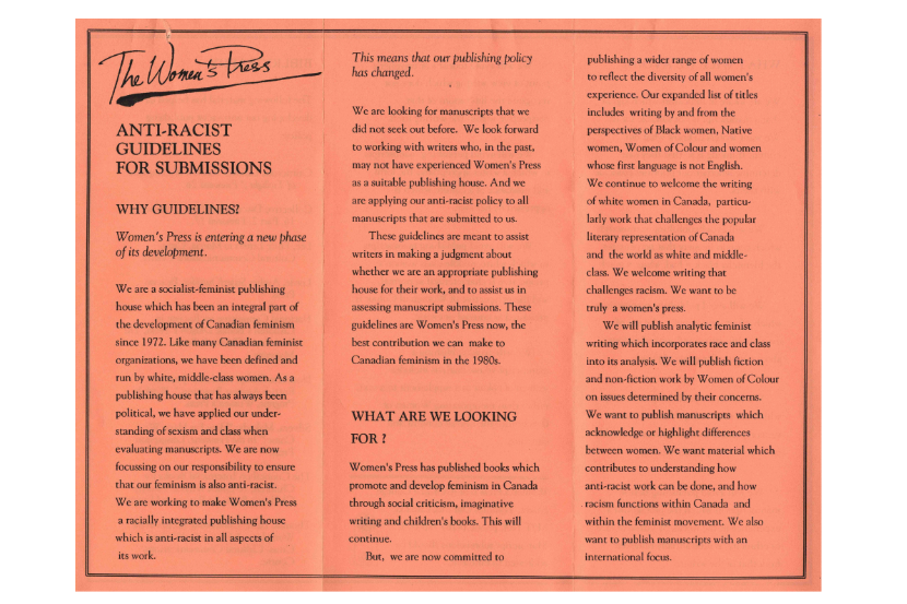« Race issue splits Women’s Press », Globe and Mail. August 9th, 1988. The Women’s Press Fonds. 10-012-S9-SS4-F10. 
