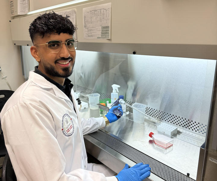 A person wearing a lab coat and working in a fume hood in a laboratory.