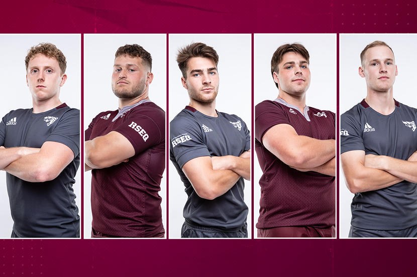 Cinq joueurs de rugby masculin des Gee-Gees de l'Université d'Ottawa nommés à l'équipe d'étoiles la saison dernière posent fièrement en uniforme.