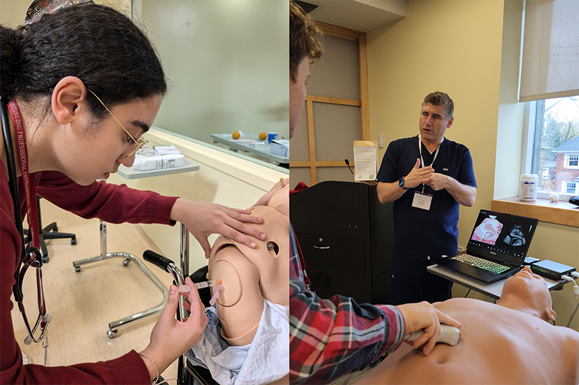 A student gives an injection to a manikin while another student takes the vital signs of a manikin.