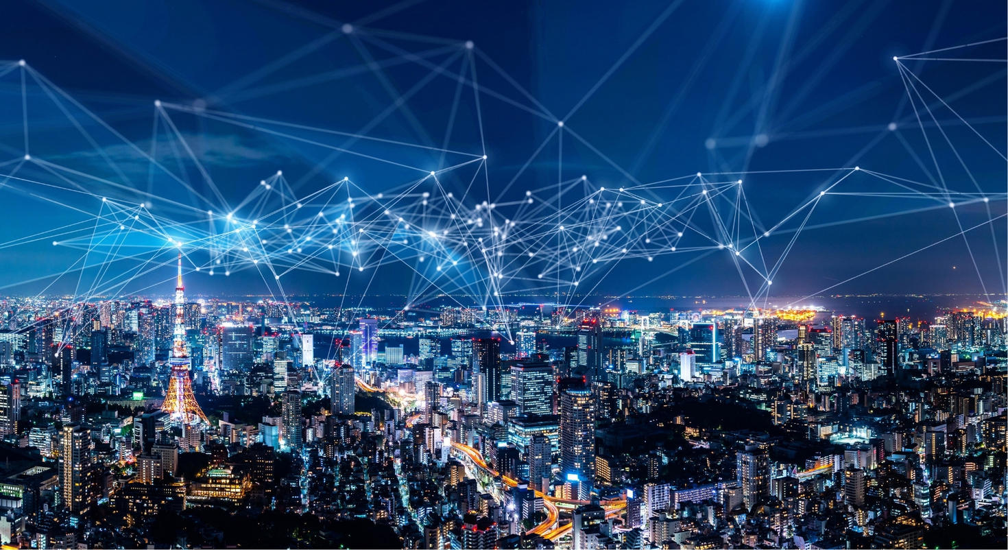 A network of connections above a city skyline.