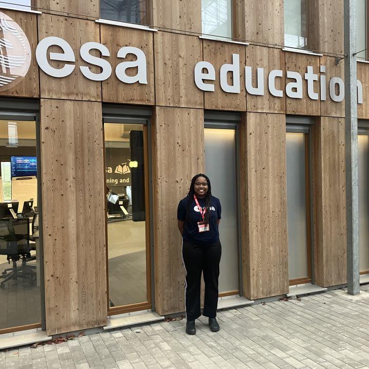 Elsa Lange in front of ESA Education and Training building.