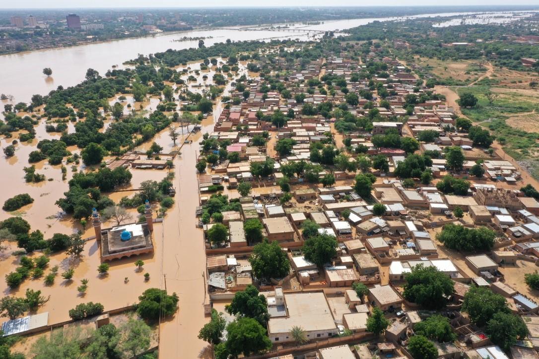 Flooding in a village.