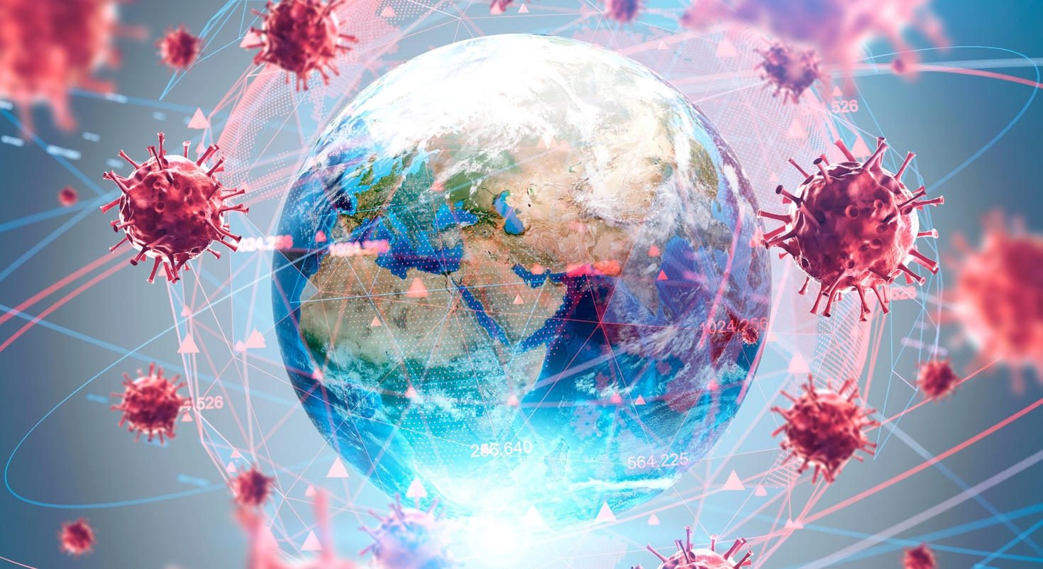 Illustration of Earth surrounded by digitally rendered COVID-19 viruses and network lines.
