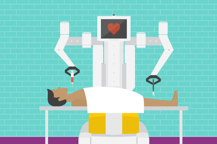 Graphic of a robot performing a surgery on a patient.
