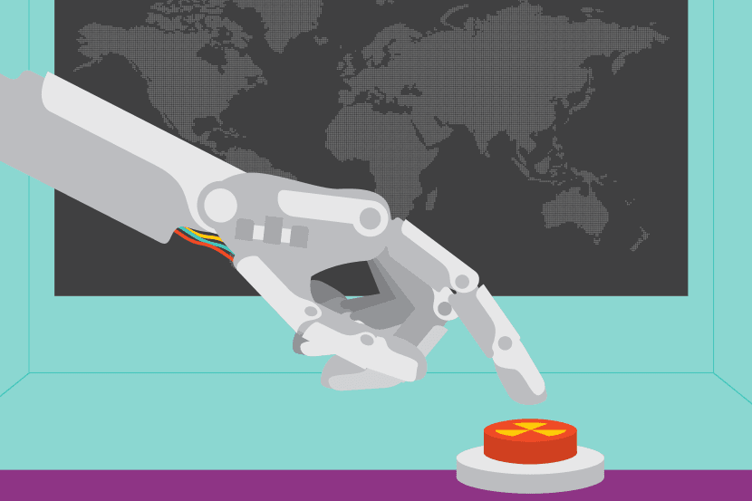 Graphic of a robot hand about to press on a button bearing a nuclear symbol.