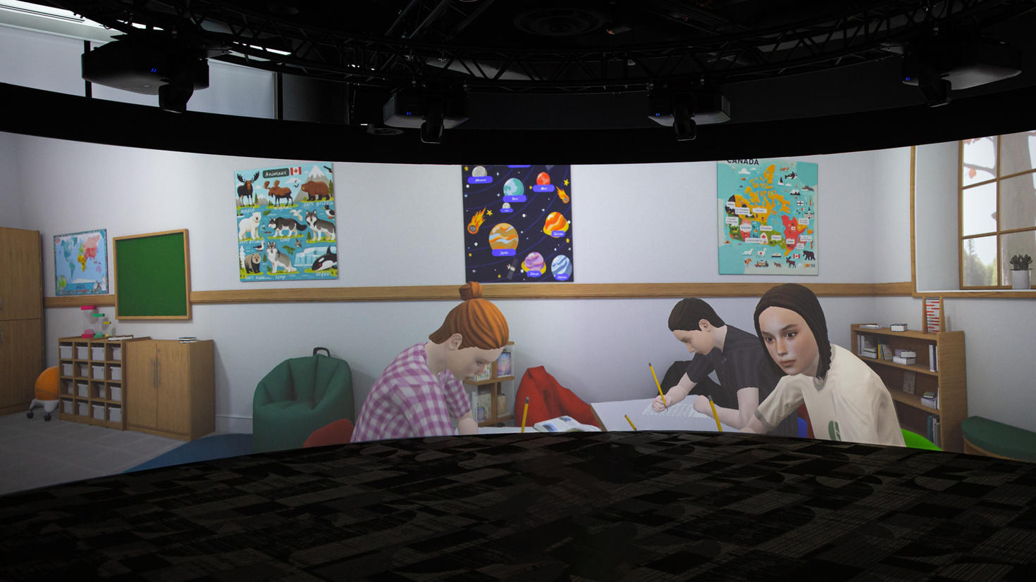 A projection of a virtual classroom, with students sitting at their desks surrounded by posters, shelves and a window to the outdoors.