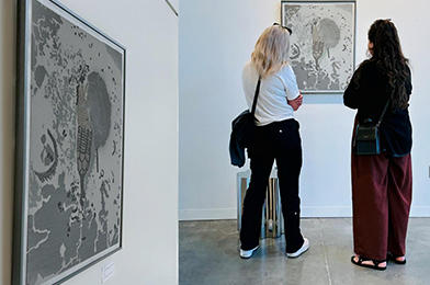 Left: created art piece exhibited at the Jardins de Métis (August 20 to October 18th 2023). Right: open exhibition of the art piece.