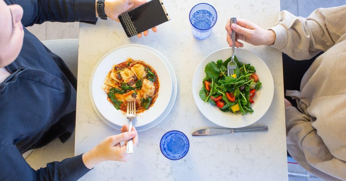 view from above of two people having lunch