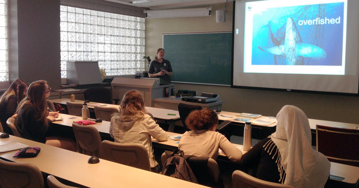 Students listen attentively to a video presentation about oceans at a mini-course.