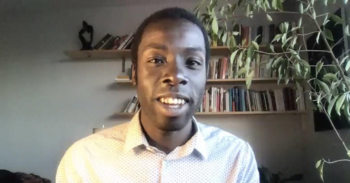 Screen shot of Desmond Cole speaking at the event through Zoom.