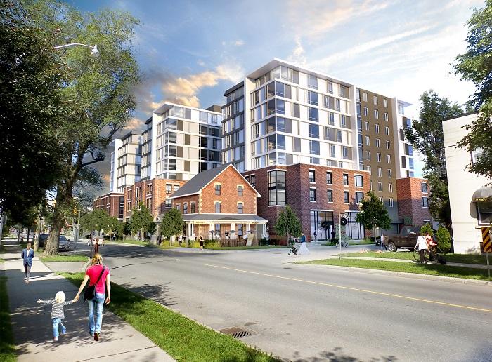 An artist’s rendering showing the Annex residence exterior and nearby streetscape. 