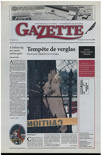 Front cover of uOttawa Gazette with image of a broken branch, January 27, 1998.