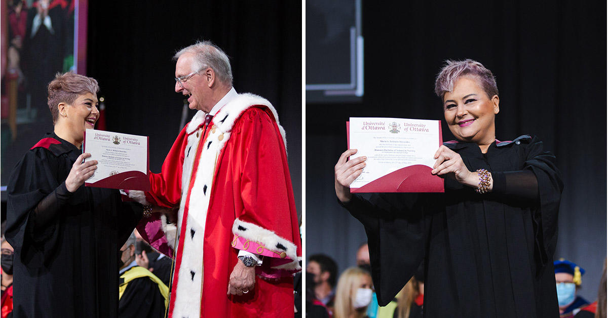 Maria Benavides, diplômée de la cohorte 2021 des Sciences de la santé, montre fièrement son diplôme au recteur Jacques Frémont