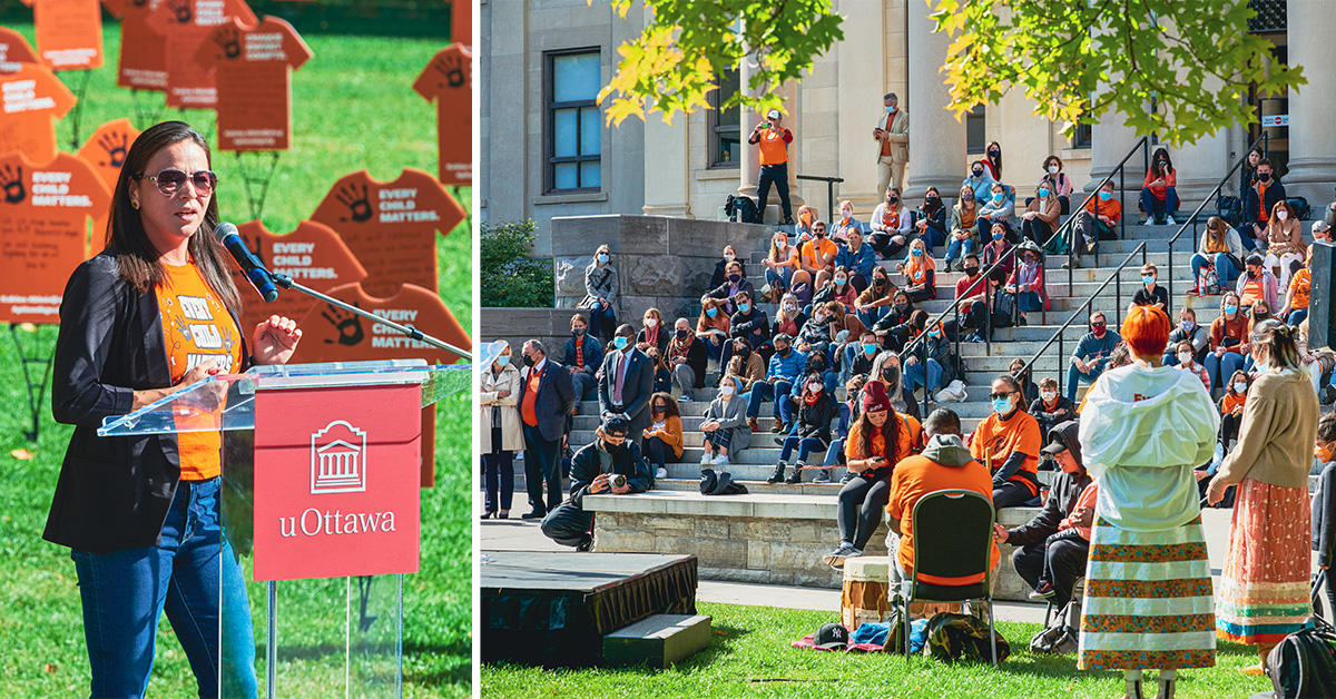 Meagan Commonda sur le podium, à gauche, la foule assise sur les marches du pavillon Tabaret, à droite